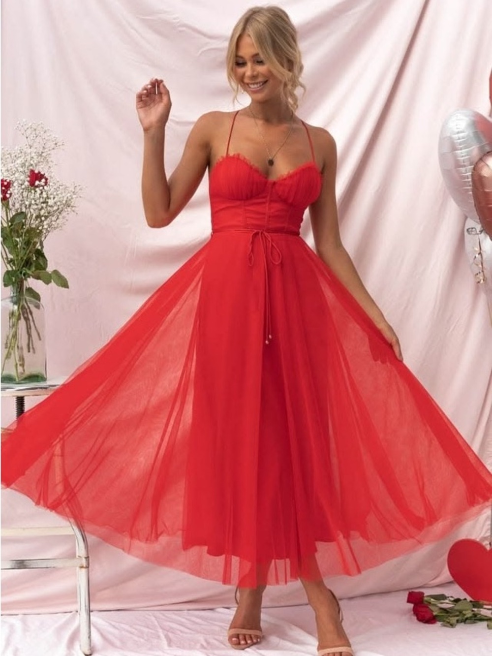 Angel Biba Red Tulle Midi Dress with Spaghetti Straps NEVER WORN